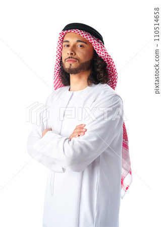 Portrait of a young Arab man wearing middle-eastern traditional dress thobe isolated on white Portrait of a young Arab man wearing middle-eastern traditional dress thobe isolated on white 110514658