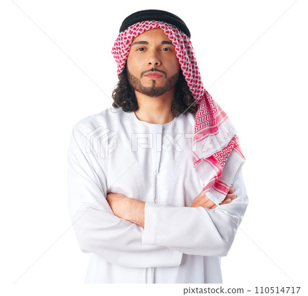 Portrait of a young Arab man wearing middle-eastern traditional dress thobe isolated on white Portrait of a young Arab man wearing middle-eastern traditional dress thobe isolated on white 110514717