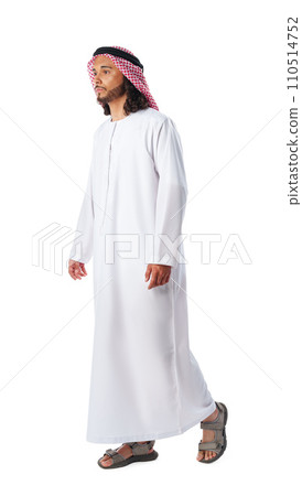 Full-length portrait of young middle-east man in thobe dress on white background Full-length portrait of young middle-east man in thobe dress on white background 110514752