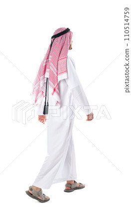 Back view of an Arab man in thobe standing on white isolated background Back view of an Arab man in thobe standing on white isolated background 110514759