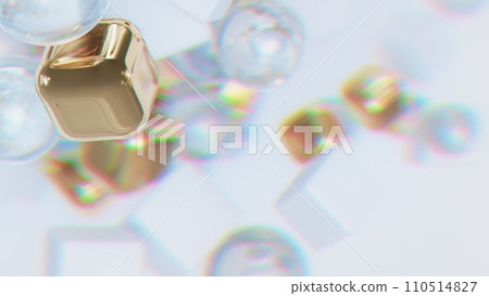 Abstract composition. Golden cubes and glass spheres. Chromatic aberration. Soft focus, reflection, motion blur effect 110514827