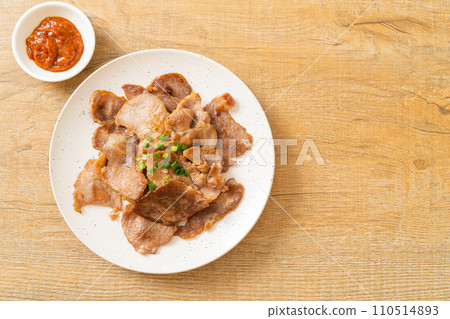 grilled pork neck sliced on plate grilled pork neck sliced on plate 110514893