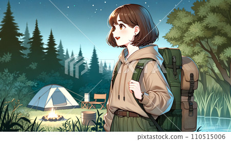 一個女孩看著帳篷前的營火 一個女孩看著帳篷前的營火 110515006