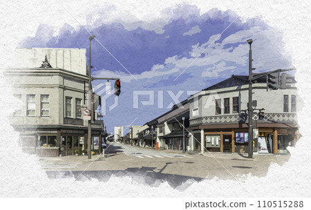 Watercolor style Takaoka Yamamachisuji townscape Kifunecho intersection Takaoka City, Toyama Prefecture 110515288