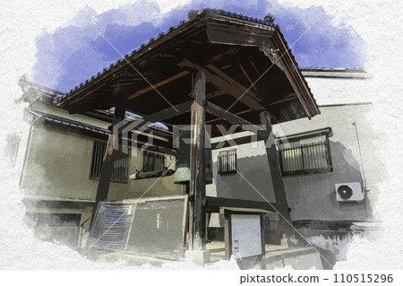 Watercolor style Takaoka Great Buddha and hour bell Takaoka City, Toyama Prefecture 110515296