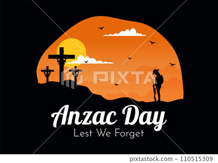 Anzac Day of Lest We Forget Vector Illustration on 25 April with Remembrance Soldier Paying Respect and Red Poppy Flower in Flat Cartoon Background 110515309