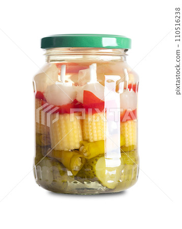 Party skewers, with pickled vegetables, in a glass jar, with screw cap. Pickled vegetables on plastic skewers. Pearl onions, red bell peppers, baby corn, green chilis and gherkins. Front view. Photo. Party skewers, with pickled vegetables, in a glass jar, with screw cap. Pickled vegetables on plastic skewers. Pearl onions, red bell peppers, baby corn, green chilis and gherkins. Front view. Photo. 110516238