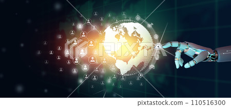 New global business connection with Artificial Intelligence concept. Robot hand leading the global connection with connecting people orbit around the world. World map and connecting people background. 110516300