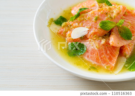 fresh salmon raw spicy seafood salad 110516363