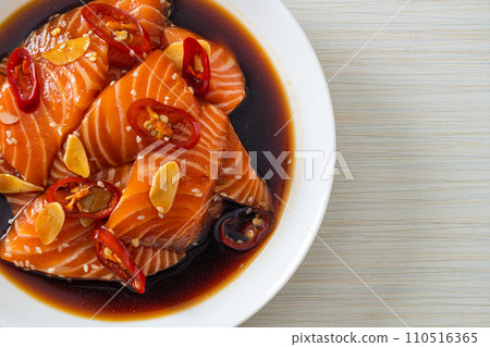 fresh salmon raw pickled in shoyu sauce fresh salmon raw pickled in shoyu sauce 110516365