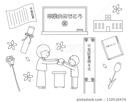 畢業典禮、文憑授予儀式、招牌、花束的線條畫插圖 110516474