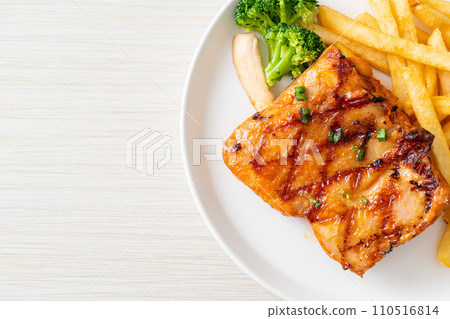 grilled chicken steak with potato chips or french fries grilled chicken steak with potato chips or french fries 110516814