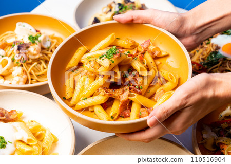 penne pasta with garlic chili bacon penne pasta with garlic chili bacon 110516904