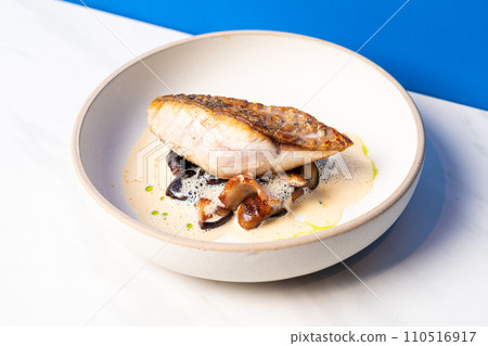 grilled salmon steak with mash potatoes and tomato sauce grilled salmon steak with mash potatoes and tomato sauce 110516917