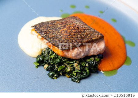 grilled salmon steak with mash potatoes and tomato sauce 110516919