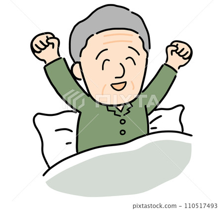 Senior man wakes up refreshed and stretches Senior man wakes up refreshed and stretches 110517493