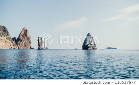 Woman sea sup. Close up portrait of happy young caucasian woman with long hair looking at camera and smiling. Cute woman portrait in bikini posing on sup board in the sea 110517677
