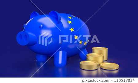 The Blue piggy bank and coins for Euro saving or business concept 3d rendering. 110517834