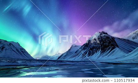 Scenery of Northern lights aurora borealis green and purple with snow mountains Reflection in the lake water at night, In Scandinavia Country Winter Season, North pole, Northern Europe, Generative AI Scenery of Northern lights aurora borealis green and purple with snow mountains Reflection in the lake water at night, In Scandinavia Country Winter Season, North pole, Northern Europe, Generative AI 110517934
