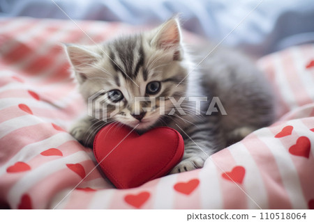 AI-generated content. Tabby Kitten Hugging Red Heart Pillow 110518064