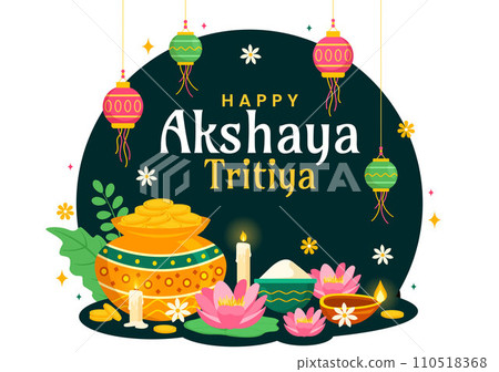 Akshaya Tritiya Festival Vector Illustration with a Golden Kalash, Candle, Pot and Gold Coins for Dhanteras Celebration in Traditional Hindu Holiday Akshaya Tritiya Festival Vector Illustration with a Golden Kalash, Candle, Pot and Gold Coins for Dhanteras Celebration in Traditional Hindu Holiday 110518368