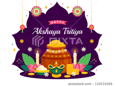 Akshaya Tritiya Festival Vector Illustration with a Golden Kalash, Candle, Pot and Gold Coins for Dhanteras Celebration in Traditional Hindu Holiday 110518369