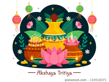 Akshaya Tritiya Festival Vector Illustration with a Golden Kalash, Candle, Pot and Gold Coins for Dhanteras Celebration in Traditional Hindu Holiday Akshaya Tritiya Festival Vector Illustration with a Golden Kalash, Candle, Pot and Gold Coins for Dhanteras Celebration in Traditional Hindu Holiday 110518371