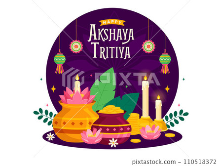 Akshaya Tritiya Festival Vector Illustration with a Golden Kalash, Candle, Pot and Gold Coins for Dhanteras Celebration in Traditional Hindu Holiday 110518372