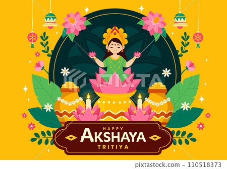 Akshaya Tritiya Festival Vector Illustration with a Golden Kalash, Candle, Pot and Gold Coins for Dhanteras Celebration in Traditional Hindu Holiday 110518373