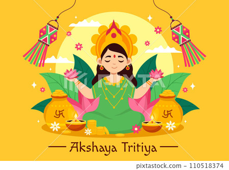 Akshaya Tritiya Festival Vector Illustration with a Golden Kalash, Candle, Pot and Gold Coins for Dhanteras Celebration in Traditional Hindu Holiday 110518374