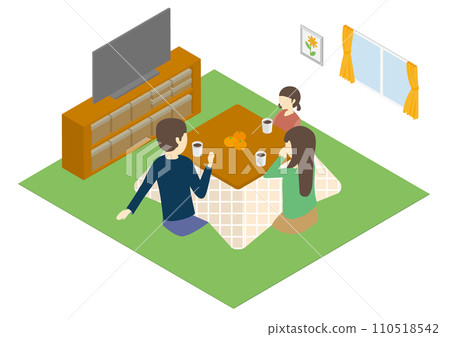 A family gathering together at the kotatsu in the living room A family gathering together at the kotatsu in the living room 110518542
