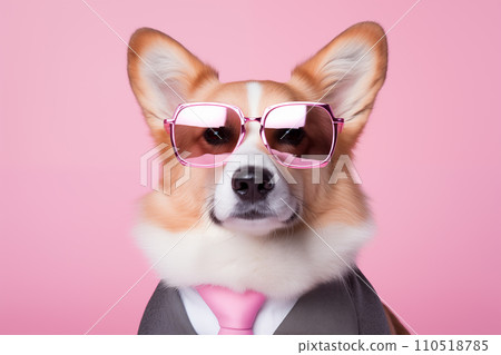 Funny and cute corgi dog fashionista wear white shirt and necktie with sunglasses on pastel pink background Generative AI  110518785