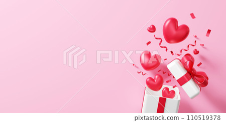 Valentine's day banner design of gift box with red hearts on pink background 3D render Valentine's day banner design of gift box with red hearts on pink background 3D render 110519378