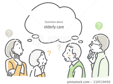 A simple and stylish line drawing illustration of elderly parents and a middle-aged couple 110519450