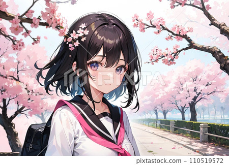 櫻花和穿著制服的女孩插畫“AI生成圖像” 110519572
