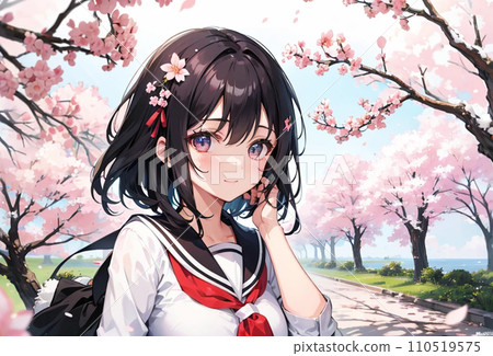 櫻花和穿著制服的女孩插畫“AI生成圖像” 110519575