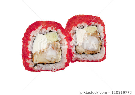 Sushi rolls boned in red artificial caviar on a white background close-up. 110519773