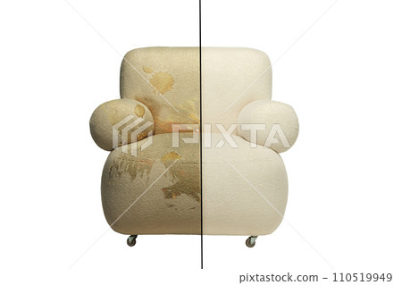 Upholstered furniture chair before and after dry cleaning on a white background. Upholstered furniture chair before and after dry cleaning on a white background. 110519949