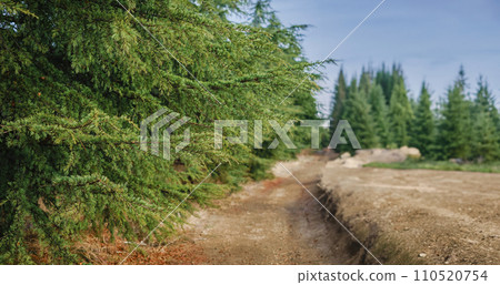 Banner with a beautiful winter road in the mountains, a walk in nature on a weekend, an idea for advertising sports shoes or a mockup for a product Banner with a beautiful winter road in the mountains, a walk in nature on a weekend, an idea for advertising sports shoes or a mockup for a product 110520754