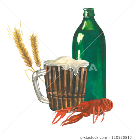 Watercolor composition of illustrations of a green glass bottle, a mug of beer, boiled crayfish and an ear of barley. Isolated on a white background, hand-drawn 110520813