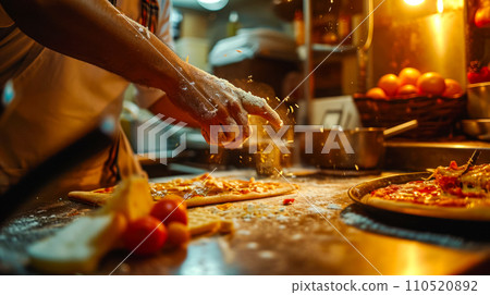 Chef's hands licking pizza with cheese, preparing pizza in an old cafe in the city center, small local business concept, banner or advertising idea Chef's hands licking pizza with cheese, preparing pizza in an old cafe in the city center, small local business concept, banner or advertising idea 110520892