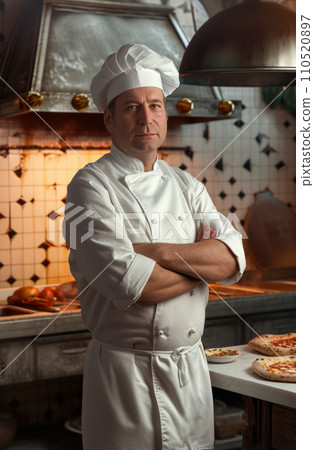 Vertical portrait of an Italian pizzeria chef at his workplace, idea for a small local business concept for advertising or menu Vertical portrait of an Italian pizzeria chef at his workplace, idea for a small local business concept for advertising or menu 110520897