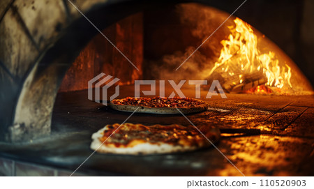 Pizza in a wood-burning oven in an old pizzeria cafe, preparing pizza in the traditional way, local small business concept 110520903