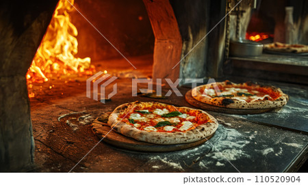 Freshly baked pizza by the wood-burning oven in an old pizzeria cafe, preparing pizza the traditional way in a wood-burning oven, local small business concept 110520904