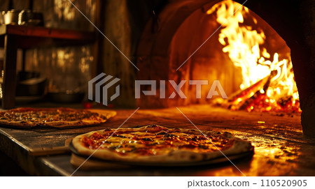 Two freshly baked pizzas by a wood-burning oven, pizza cooking in an old cafe, traditional small business concept and fresh pizza delivery 110520905