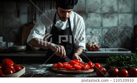 Young chef in the kitchen of a pizzeria cutting fresh tomatoes for pizza, horizontal portrait, small local business delivering fresh pizza 110520910