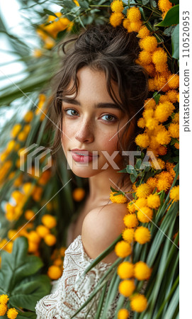 Portrait of a beautiful brunette surrounded by blooming mimosa, vertical banner for Valentine's Day, portrait of a beautiful young woman Portrait of a beautiful brunette surrounded by blooming mimosa, vertical banner for Valentine's Day, portrait of a beautiful young woman 110520953