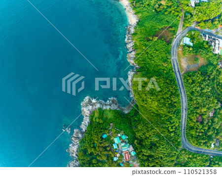 Aerial view seashore with mountains at Phuket Thailand, Beautiful seacoast view at open sea in summer season,Nature Environment and Travel background Aerial view seashore with mountains at Phuket Thailand, Beautiful seacoast view at open sea in summer season,Nature Environment and Travel background 110521358