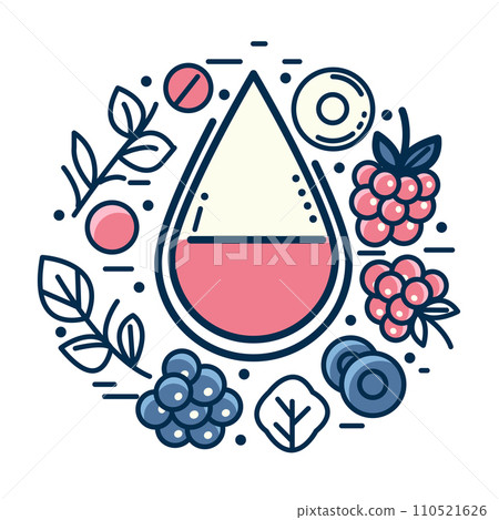 Organic product concept. Fruits, berries , essential oil, vitamins. Vector illustration in line art style on white background. Organic product concept. Fruits, berries , essential oil, vitamins. Vector illustration in line art style on white background. 110521626