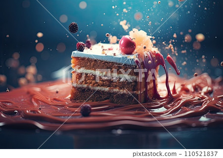 bright festive piece of cake for a holiday or a gift, abstraction, generative AI 110521837